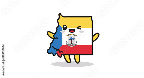 Cute cartoon map of Equatorial Guinea with its flag, holding a document and smiling, winking. Kawaii travel and business concept.