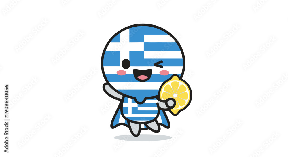 Fototapeta premium Playful character styled as Greece, with national flag colors and a lemon slice. Whimsical illustration for travel, tourism, and Mediterranean themes.