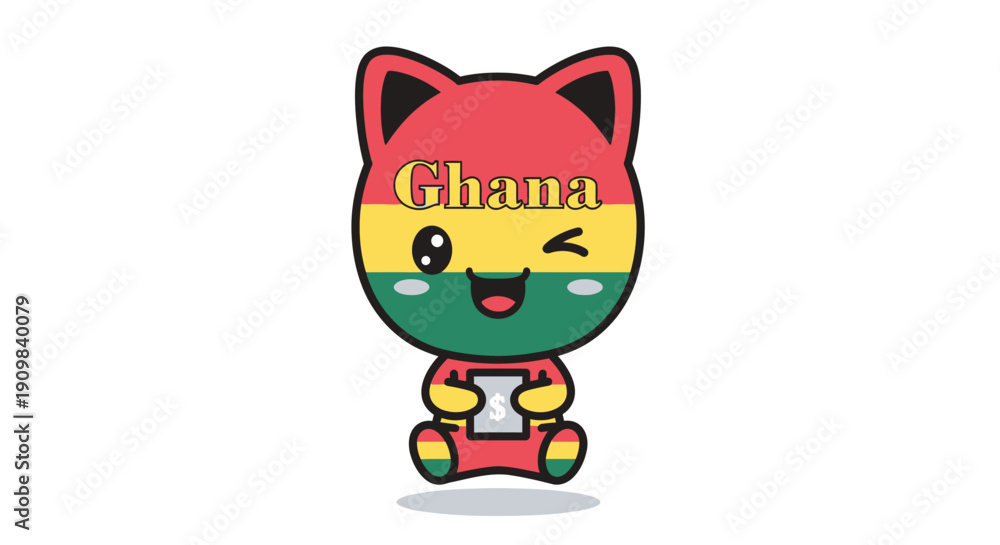 Obraz premium Whimsical cartoon cat character representing Ghana, with flag colors, winking and holding a money sign. Fun illustration for finance, travel, or African themes.