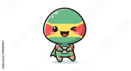 Adorable cartoon character representing Grenada, with flag colors and a cape, holding a small sign. Fun illustration for travel, tourism, and Caribbean themes.