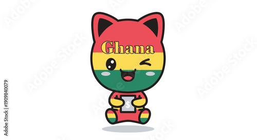 Whimsical cartoon cat character representing Ghana, with flag colors, winking and holding a money sign. Fun illustration for finance, travel, or African themes.