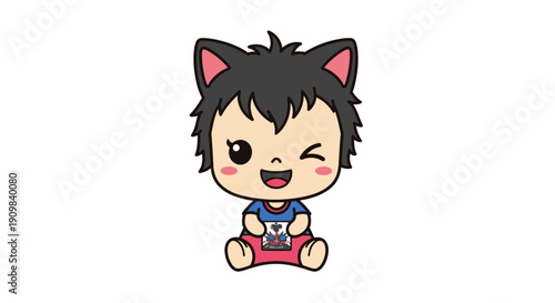 Cute cartoon character with spiky hair, resembling a cat, wearing a Haitian flag shirt and holding a country sign. Playful illustration for Haiti themes.