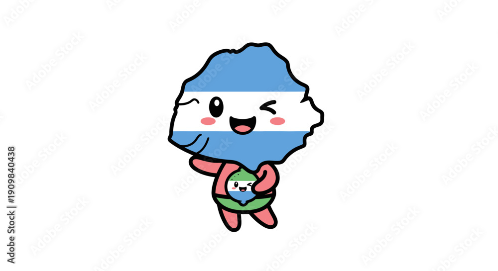Obraz premium Argentina map character in national colors, holding a green object, happily winking and skipping on white background.