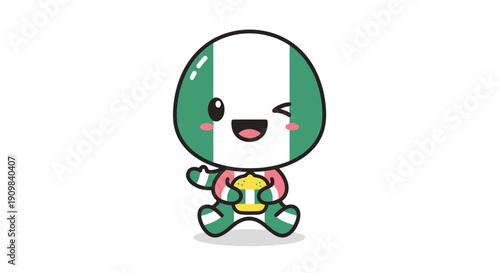 Nigeria flag character sitting and holding a yellow burger, winking and smiling with a cheerful expression.
