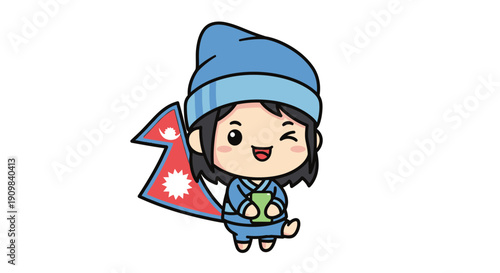 Cute cartoon child in traditional Nepali attire, holding a green object and a flag, winking with a bright smile.