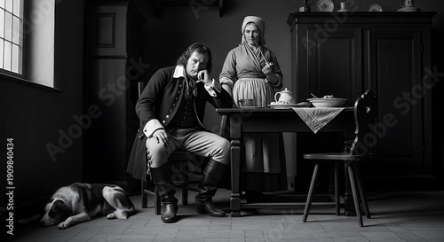 Man in colonial attire sits thoughtfully at a table while a woman stands behind him in a dimly lit, historic kitchen setting.