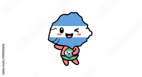 Argentina map character in national colors, holding a green object, happily winking and skipping on white background.