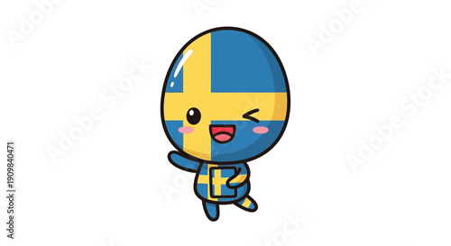 Cute character resembling the flag of Sweden, winking and running with a joyful expression, isolated on white.