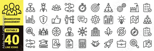 Business Management Line Icon Set, Organization Management Outline Vector Collection with Leadership, Strategy, KPI Analytics, HR, Workflow and Corporate Symbols Isolated on White
