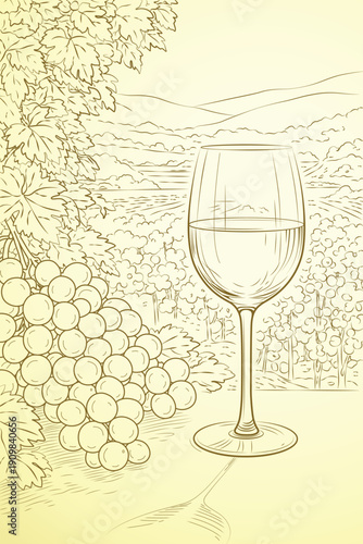 a glass of white wine against a backdrop of grapes