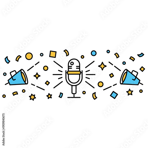 Microphone surrounded by confetti and spotlights for a performance.