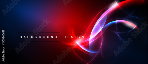 Abstract background features vibrant red, blue glows. Swirling light shapes create dynamic visual effect. Modern design element.