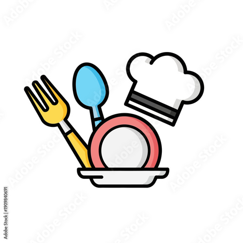 Culinary essentials a fork spoon plate and chef hat for cooking.