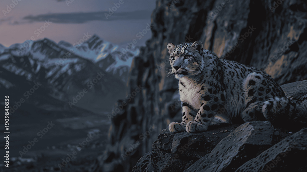 Fototapeta premium A snow leopard sits on a rocky outcropping overlooking a mountainous landscape at dusk