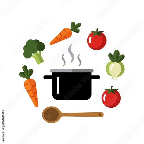 Cooking pot surrounded by fresh vegetables and a wooden spoon.