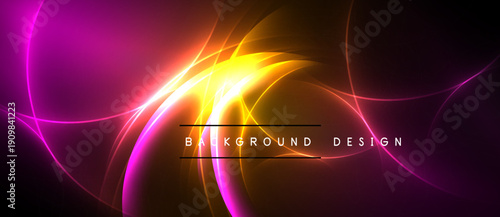 Abstract vibrant design features flowing curves, bright colors. Pink, orange, yellow hues create dynamic visual effect. Dark background enhances luminosity.