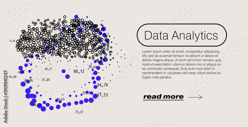 Minimalist vector illustration shows a dense scatter plot cluster of blue particles with random numbers forming an irregular oval data distribution on gray background, titled Data Analytics.