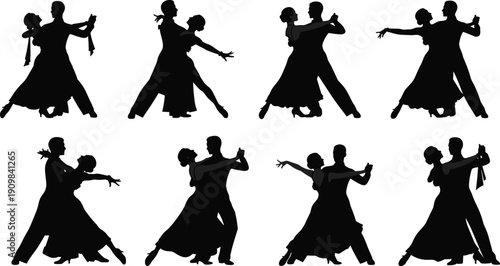Set of 8 ballroom dance couple silhouettes in elegant poses including waltz, tango, and formal synchronized movements