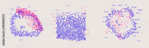 Vibrant neon vector illustration displays three clustered scatter plots of glowing pink and blue particles with random numbers forming dense data manifolds and distributions.