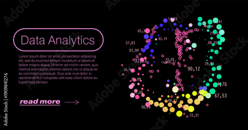 Vibrant vector illustration of colorful scattered dots with numbers in circular shapes on black background. Conceptual vector illustration for data analytics, statistics visualization and infographic 