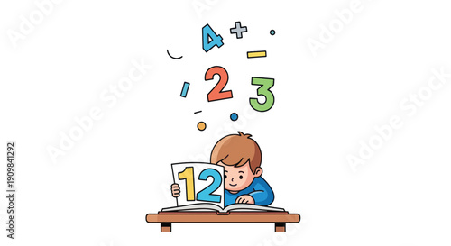 Young boy reading book with numbers floating.