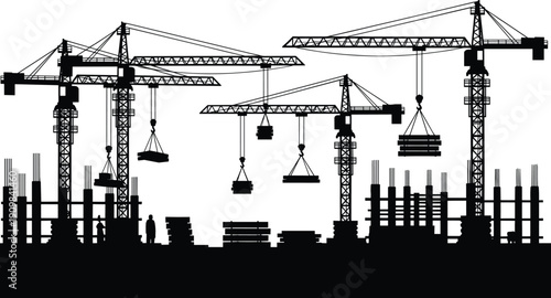 Construction site silhouette with tower cranes lifting materials, partially built structures, workers, and stacked supplies representing modern infrastructure
