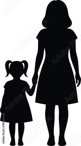 Silhouette of adult female and child holding hands representing family bond, guardianship, and parental relationship in stylized design