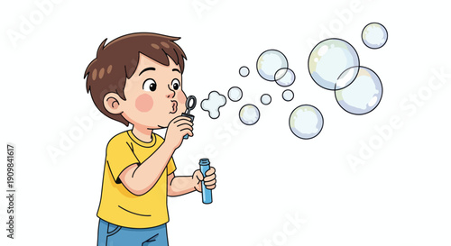 Young Boy Blowing Soap Bubbles with Bottle.