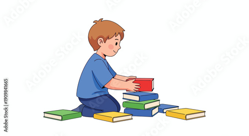 Young Boy Reading Books on Floor.