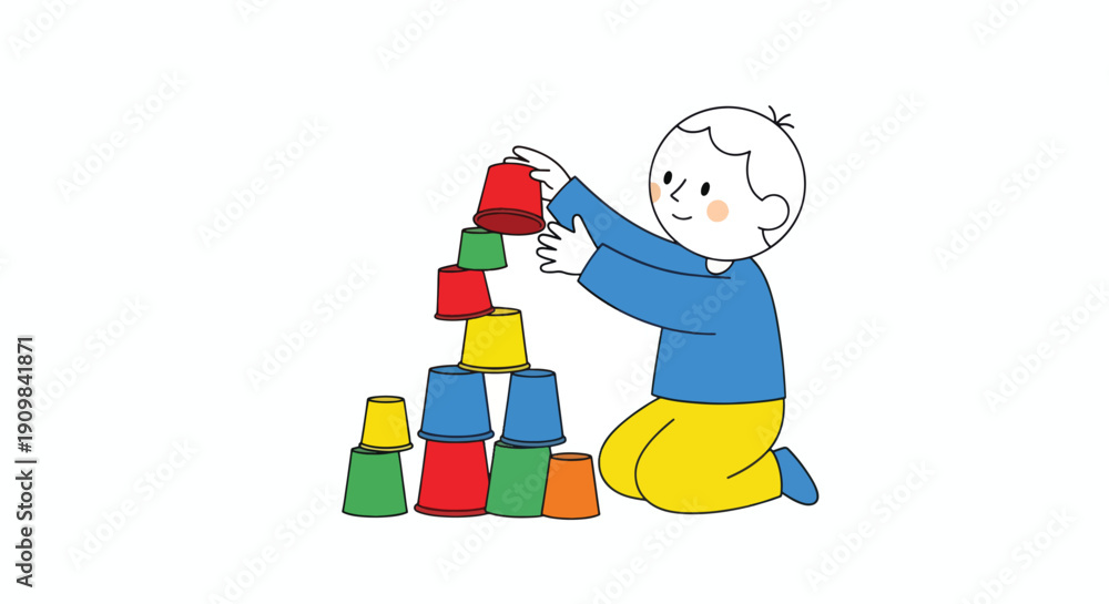 Obraz premium Child Building with Colored Plastic Cups.
