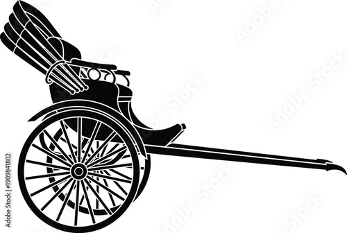Traditional rickshaw silhouette with spoked wheels, seat, backrest, long pulling handles, and folded umbrella representing cultural transport