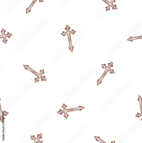 Christian cross seamless vector pattern. Hand drawn religious crucifix vintage illustration for wallpaper background. Catholic symbol all over print. 