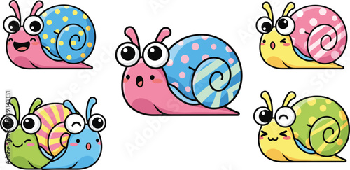 Set of 5 cartoon snail illustrations with colorful patterned shells, expressive eyes, and cheerful playful poses for children’s themes