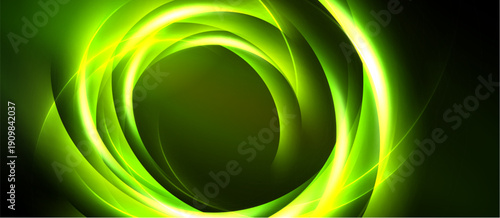 Bright green swirls radiate from center. Dark background emphasizes luminous energy, creating dynamic visual effect.