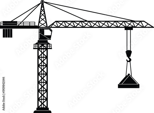 Tower crane silhouette with vertical mast, jib, counter-jib, operator cabin, and suspended hook lifting heavy construction load