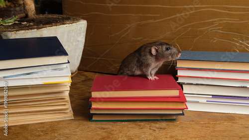 Brown  gray rat and red books.