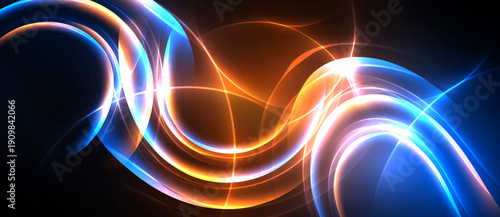 Abstract light curves, vibrant colors, dynamic energy flow. Orange, blue hues blend, creating futuristic visual impact.