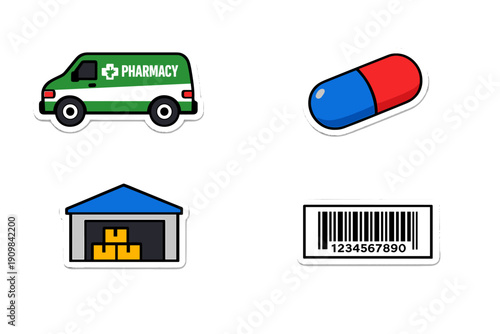 A collection of stickers including a pharmacy delivery vehicle, a medical capsule, a warehouse storage facility, and a barcode. It illustrates the pharmaceutical supply chain process.