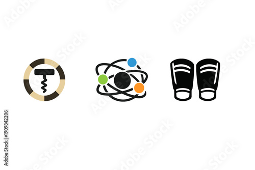 A collection of three minimalist icons featuring a corkscrew in a circle, a colorful atom model with orbiting electrons, and a pair of black shin guards on a dark background.