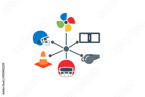 A flat vector illustration featuring a central hub connected to various sports icons including football helmets, a whistle, a traffic cone, and a colorful pinwheel on a black background.