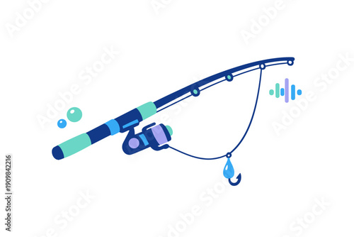 A stylized vector illustration of a blue and teal fishing rod with a reel, line, and hook against a black background, featuring decorative bubbles and a sound wave icon.