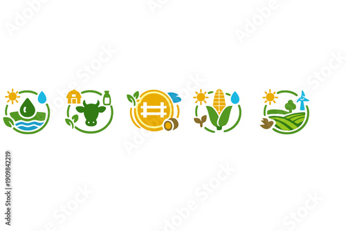 A set of five colorful circular icons representing various aspects of agriculture, including water conservation, dairy farming, crop cultivation, and sustainable energy on a black background.