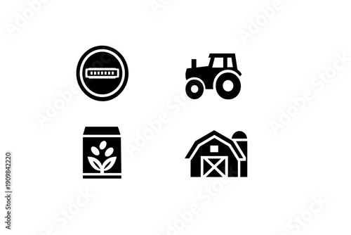 A set of three white minimalist icons on a black background including a harmonica inside a circle, a growing plant seedling, and a traditional farm barn with a silo.