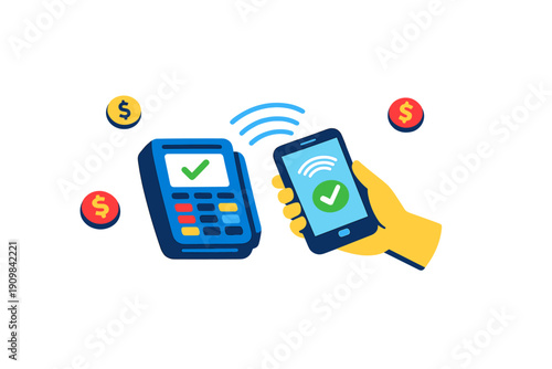 A flat vector illustration showing a hand holding a smartphone to make a contactless payment at a blue POS terminal, featuring green checkmarks and floating dollar coins.