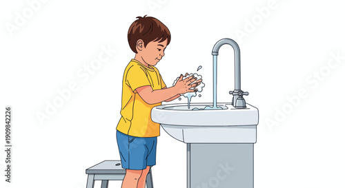 Young boy washing hands at sink.