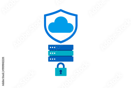 This blue digital illustration depicts cloud security concepts with a shield, cloud icon, server storage units, and a padlock, all set against a dark black background.