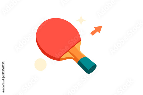 This flat vector illustration features a red ping pong paddle with a wooden handle and a white ball. Small graphic elements like an arrow and a star are also present.