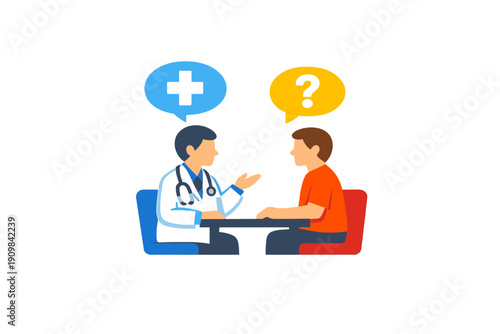 A flat illustration of a doctor in a white coat with a stethoscope talking to a patient at a desk. Speech bubbles with a plus sign and a question mark represent a medical consultation.