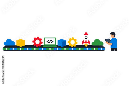 This flat vector illustration shows a conveyor belt with various technology icons including a cloud, gears, and a rocket, being monitored by a person using a digital tablet.