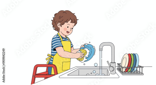 Young Boy Washing Dishes in Kitchen Sink.